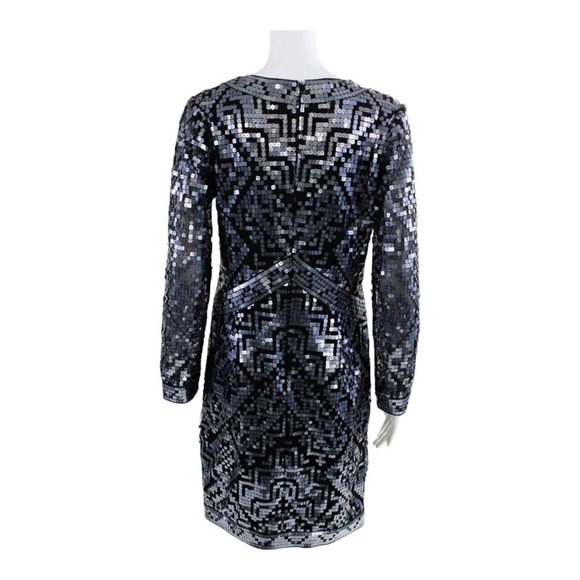 TADASHI SHOJI Black Silver Sequin V Neck Long Sleeve Mini Cocktail Dress Size 8 - Picture 7 of 10